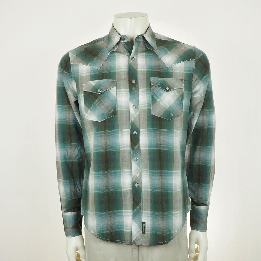 New Wrangler Retro Pearl Snap Western Shirt Mens Medium Green Plaid Regular Fit